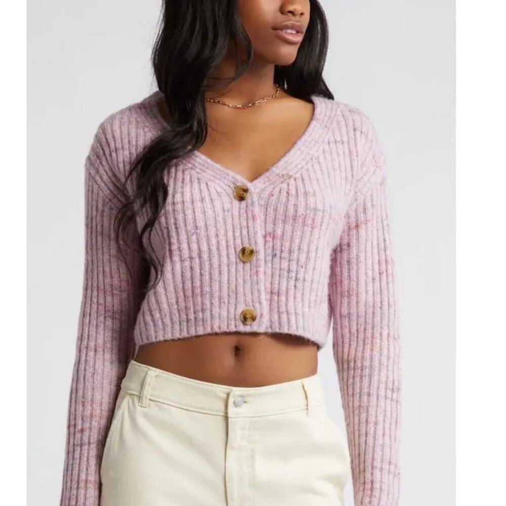 BP Space Dye V-Neck Crop Rib Cardigan in Pink Multi Spacedye in Size M. NWOT
